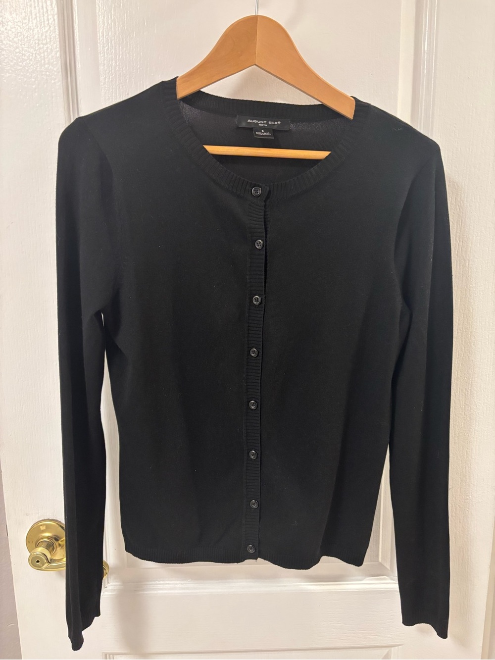 august silk Black Silk Blend Button-Front Crewneck Cardigan Classic Minimalist